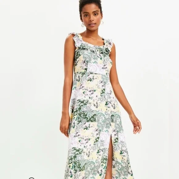 LOFT Patchwork Midi Dress Floral Sleeveless with Ruffle Detail sleeveless SZ 10 - Picture 1 of 10